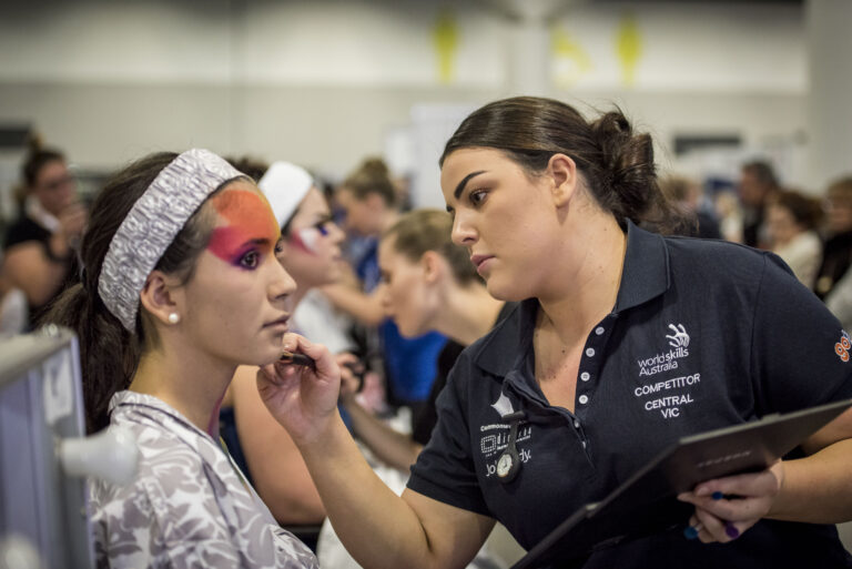 a beautician student during a World Skills competition
